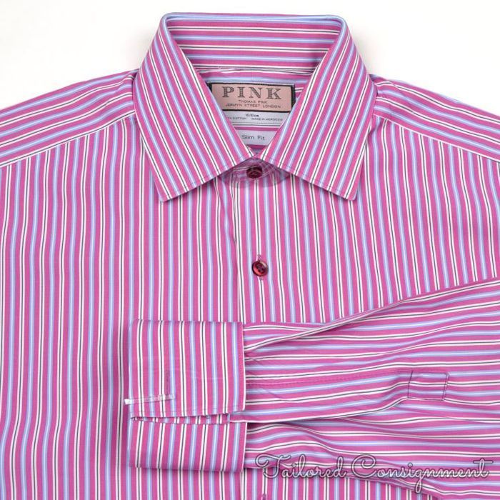 THOMAS PINK Fuschia Pink Stripe SLIM FIT Cotton Mens Luxury Dress Shirt ...